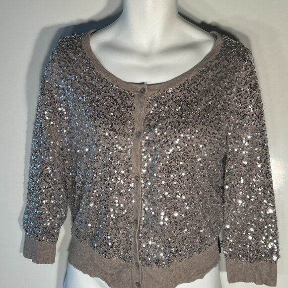 American Eagle SZ L Mocha Sequin Cotton Cardigan Dressy Formal Party Sparkle - Picture 2 of 11